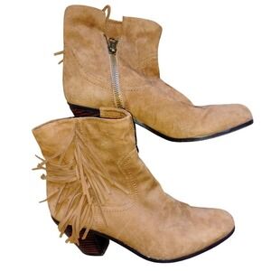 Sam Edelman Suede Fringe Ankle Booties Tan Brown Leather Zipper Western S. 9.5 M
